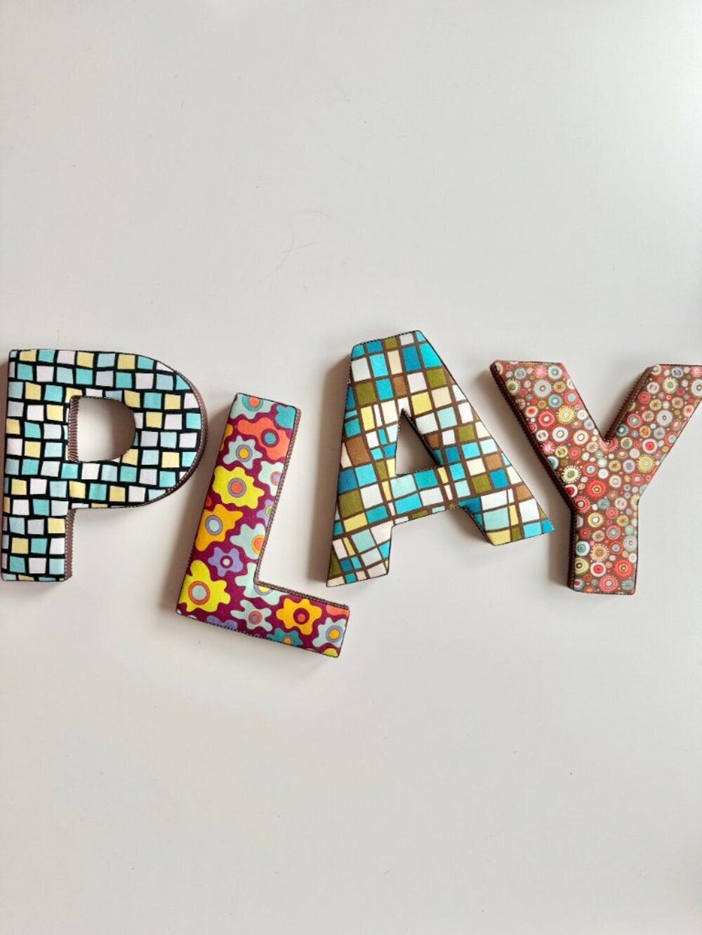 Handmade PLAY Floral Print Cotton Wood Block Letter Wall Hanging Decor